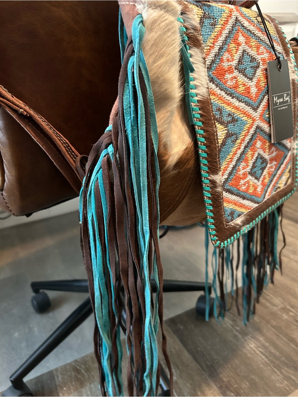 Myra bag Hair on Hide & Fringe Turquoise & Brown Southwestern backpack NEW - Picture 5 of 7